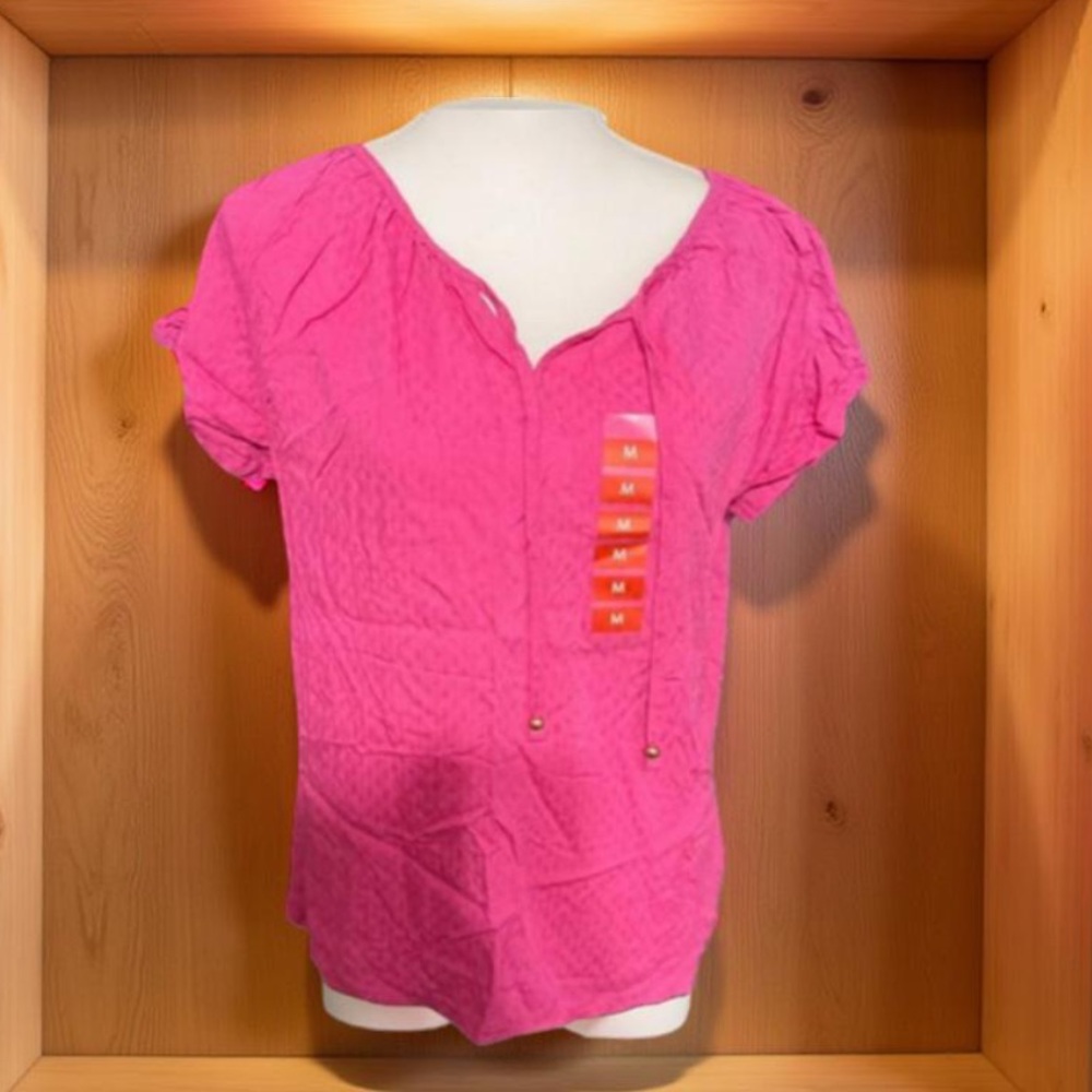 Pink top woven textured short sleeve with tassels Stella Parker Medium NWT